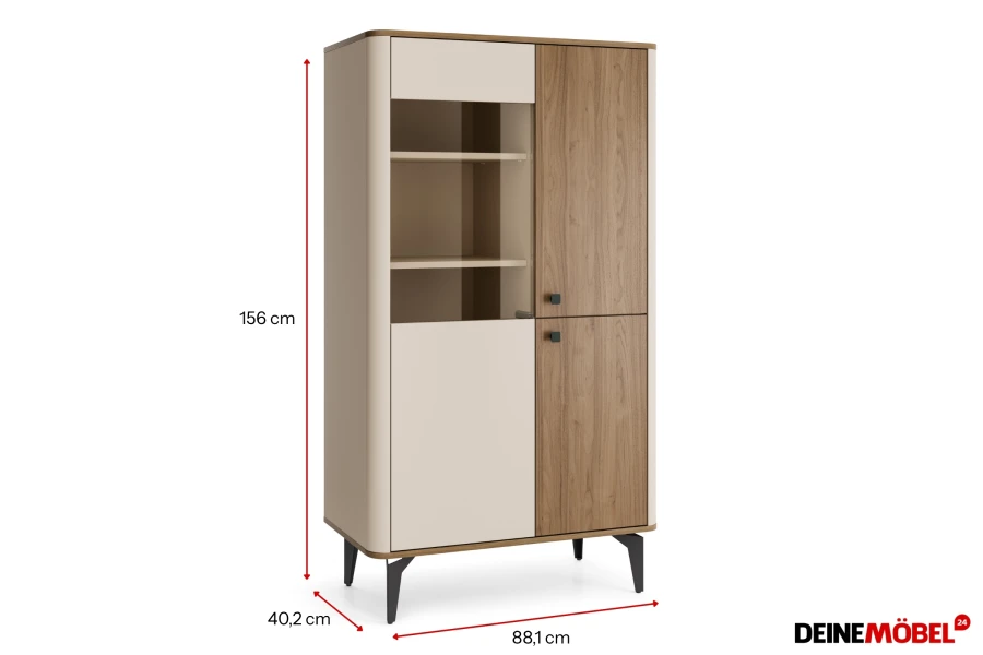 Detaillierte Abmessungen der Aura Vitrine für die Raumplanung.