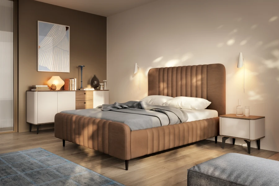 Modernes Schlafzimmer mit gepolstertem Bett in Braun und passender Kommode in Beige-Holz.