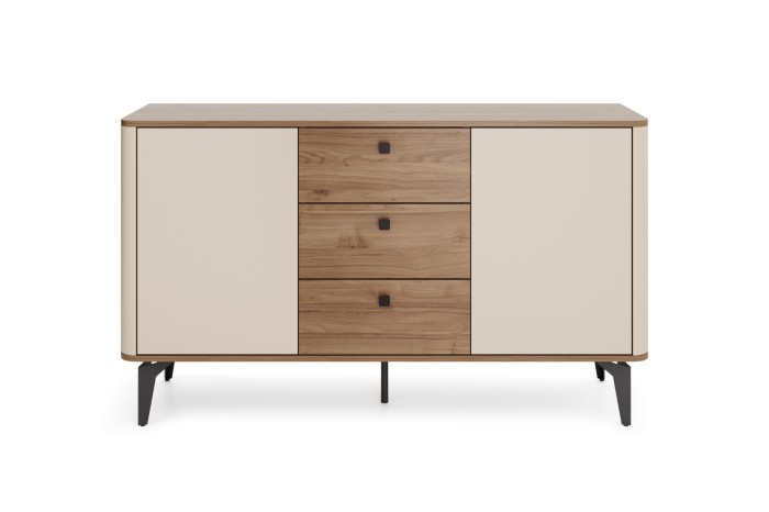 Modernes Sideboard mit drei Schubladen in Holzoptik und beigen Türen auf weißem Grund.