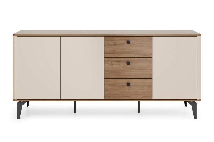 Modernes Sideboard in Beige und Holz-Optik mit drei Schubladen und zwei Türen auf weißem Hintergrund.