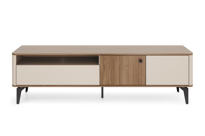 Modernes Lowboard Aura in Beige und Eiche-Optik mit schwarzen Füßen.