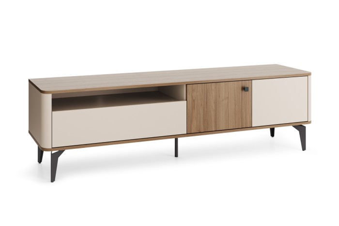 Stilvolles TV-Möbel Aura in Holz-Optik und Beige für das moderne Wohnzimmer.