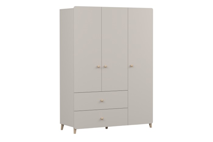 3-türiger Kleiderschrank in Beige, Seitenansicht, minimalistisches Möbelstück.