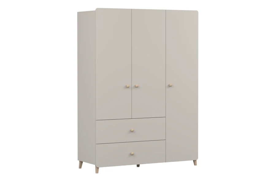 3-türiger Kleiderschrank in Beige, Seitenansicht, minimalistisches Möbelstück.