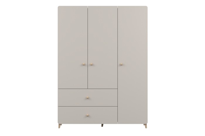 Moderner beiger Kleiderschrank mit 3 Türen und 2 Schubladen, skandinavisches Design.