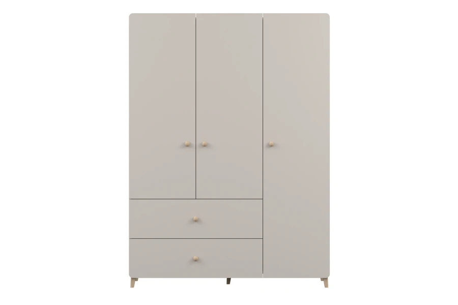 Moderner beiger Kleiderschrank mit 3 Türen und 2 Schubladen, skandinavisches Design.