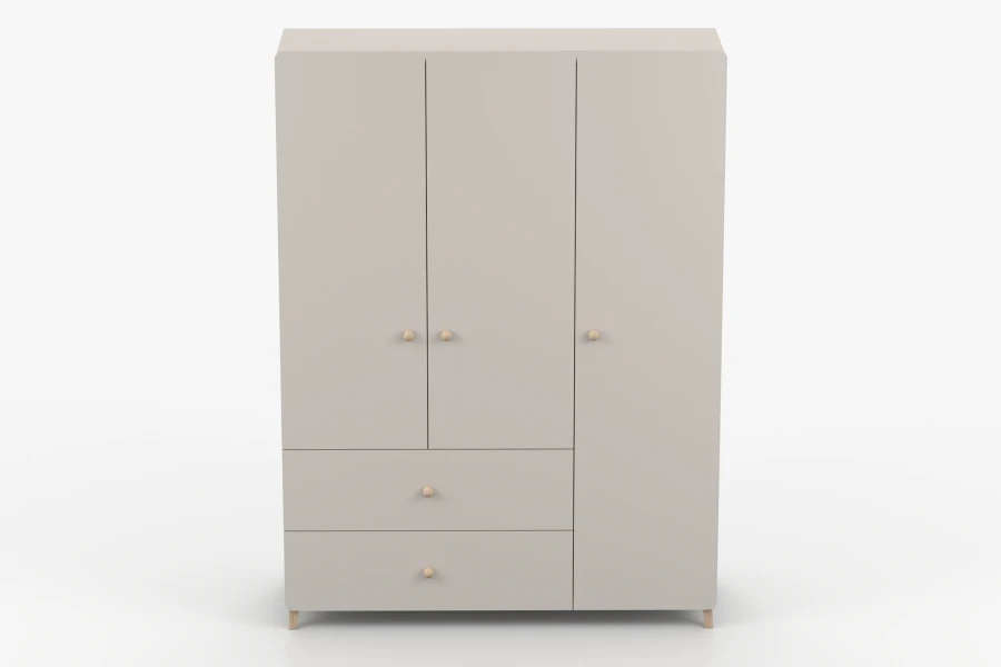 Moderner 3-türiger Kleiderschrank in Beige mit zwei Schubladen und runden Holzgriffen.