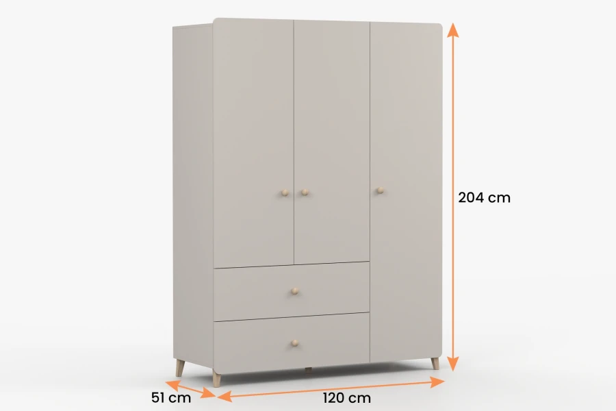 Abmessungen des Kleiderschranks: 204 cm hoch, 120 cm breit, 51 cm tief.