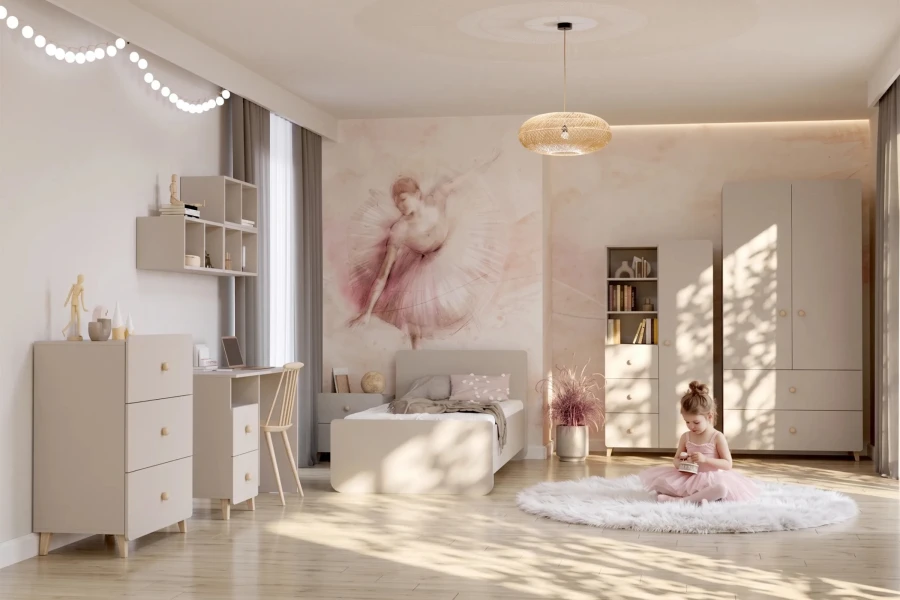 Gemütliches Kinderzimmer mit Ballerina-Wandbild, Bett und kompletten beigen Möbelset.