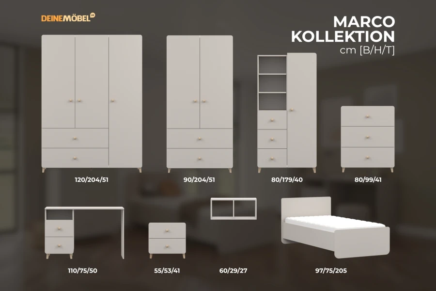 Möbelübersicht der Marco Kollektion in Beige mit Maßen für Kleiderschrank, Bett und Schreibtisch.