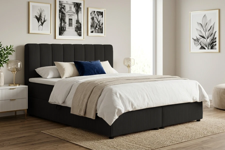 Schwarzes Boxspringbett mit Cord-Struktur in einem stilvollen Schlafzimmer.