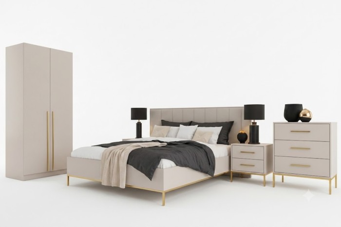 Modernes Schlafzimmer-Set in Beige mit goldenen Details, bestehend aus Bett, Kleiderschrank und Kommoden.