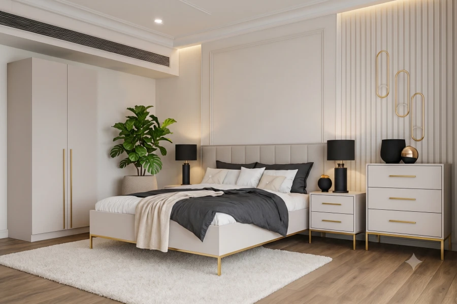 Stilvoll eingerichtetes Schlafzimmer mit beigem Bett, passenden Möbeln und dekorativer Wandgestaltung.