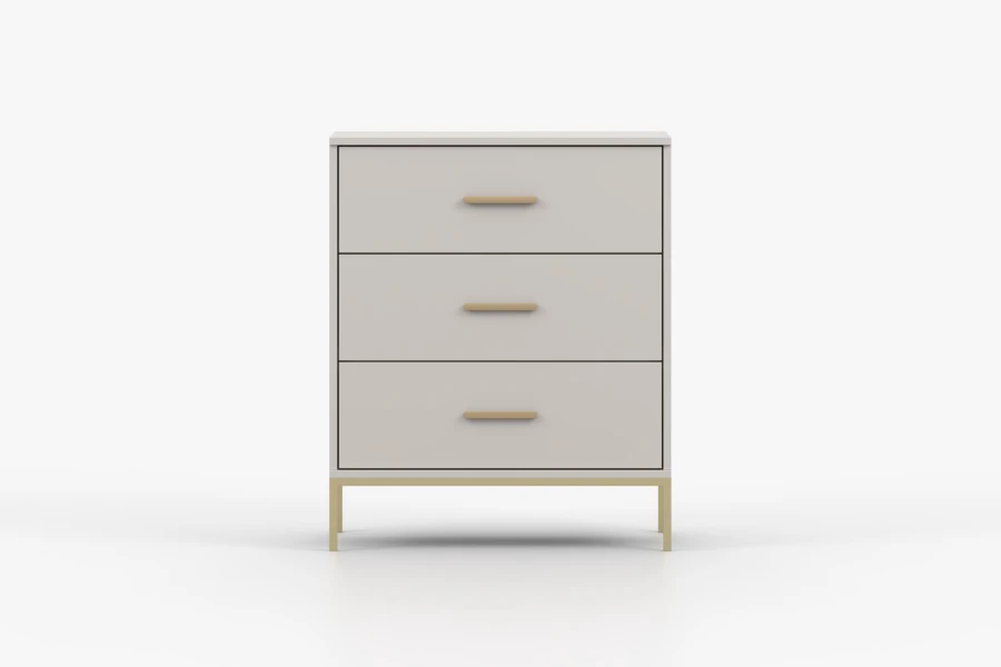 Moderne Kommode in Beige mit drei Schubladen und goldfarbenen Details in Frontansicht.