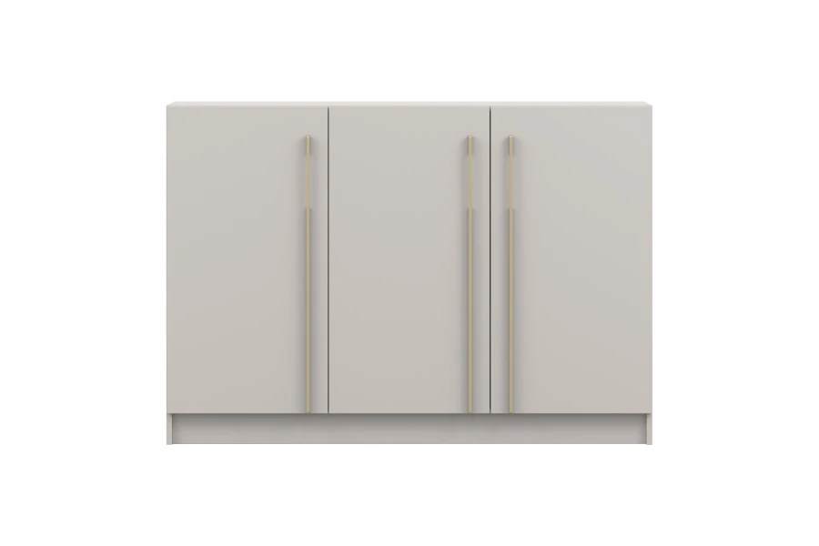 Frontale Ansicht eines beigen Sideboards mit drei Türen und Gold-Design.