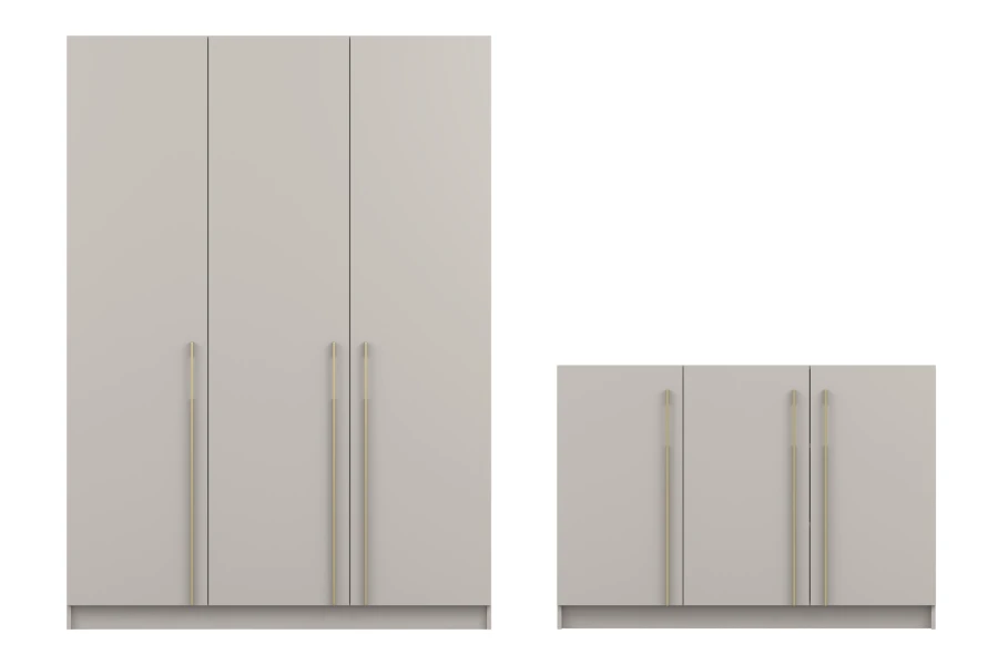 Beiges Möbelset bestehend aus dreitürigem Kleiderschrank und flachem Sideboard.