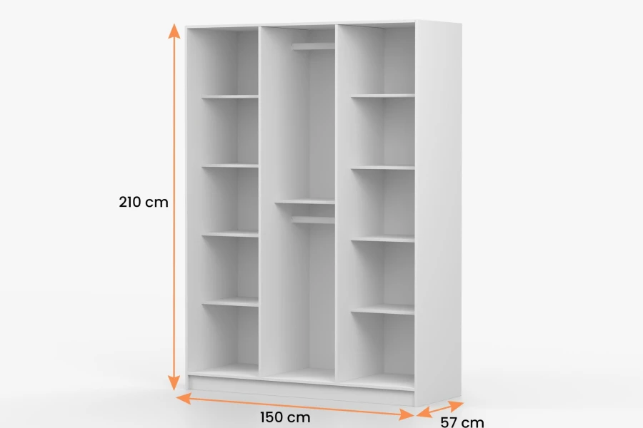 Technische Zeichnung: Maße des weißen Kleiderschranks (210x150x57 cm).