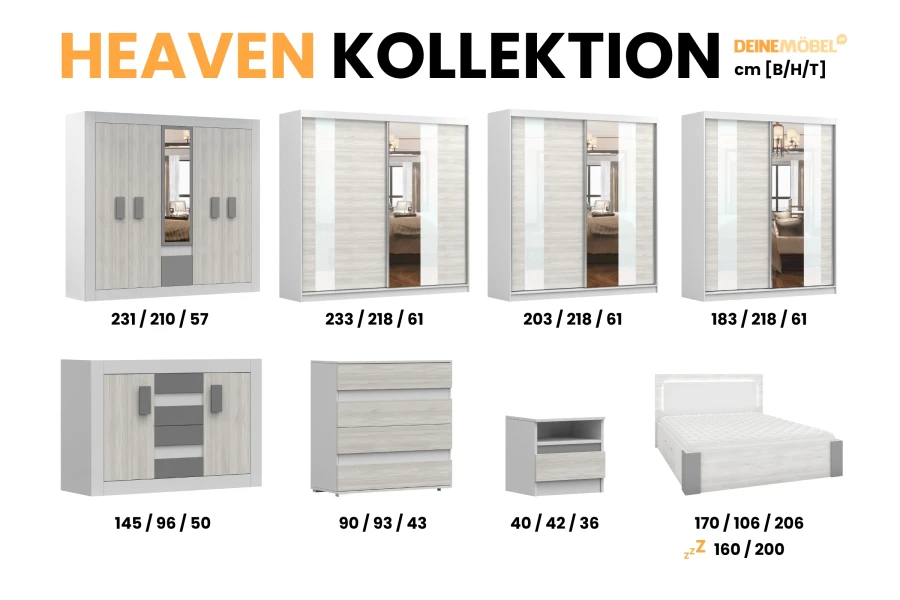 Heaven Kollektion: Übersicht über Kleiderschränke, Kommoden, Nachttisch und Bett mit Abmessungen.