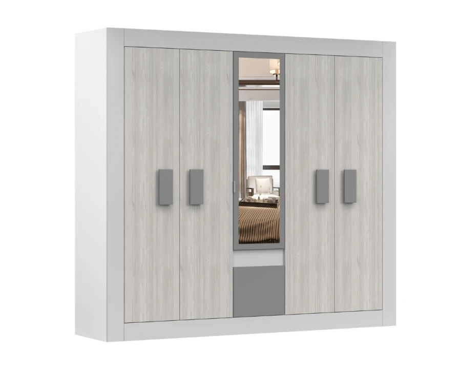 Großer 5-türiger Kleiderschrank in Weiß und Eiche mit mittigem Spiegel und grauen Griffen.