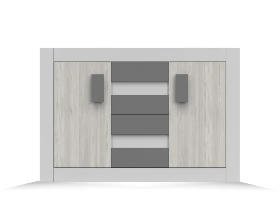 Sideboard mit zwei Türen und vier Schubladen in Weiß-Grau-Kombination für das moderne Schlafzimmer.