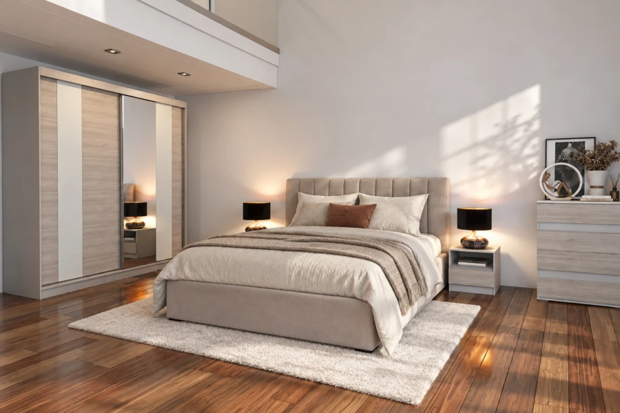 Schlafzimmer-Einrichtung Heaven mit Schwebetürenschrank, Polsterbett und Kommode in heller Holzoptik.