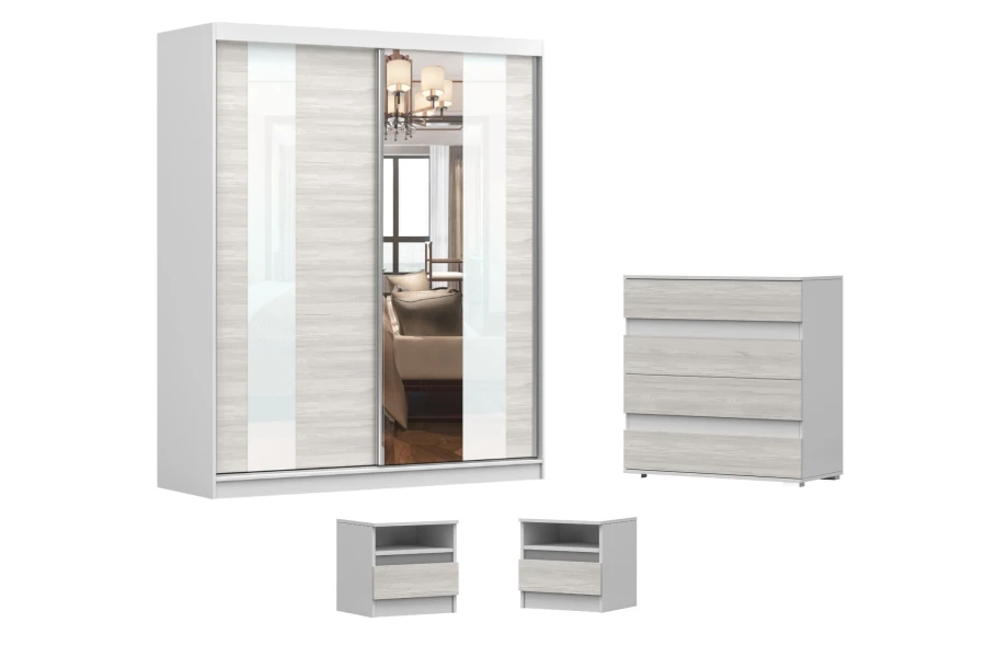 Komplettes Schlafzimmer-Möbelset in Weiß und Eiche mit großem Spiegelschrank, Kommode und Nachtischen.