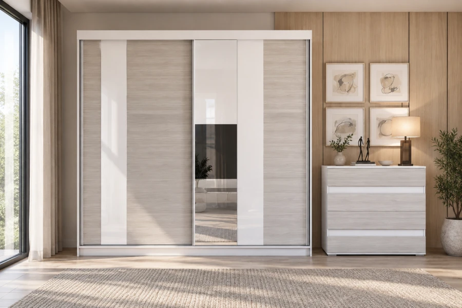 Weißer Schwebetürenschrank mit Spiegelfront neben einer passenden Kommode in heller Holzoptik.