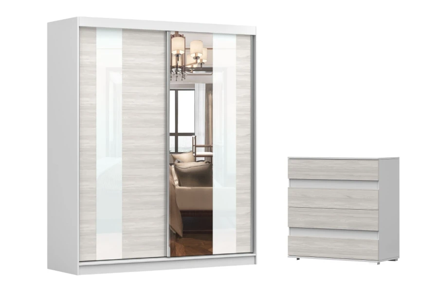 Zweiteiliges Schlafzimmer-Set: Eleganter Spiegelschrank und passende Kommode in hellem Holzdekor.