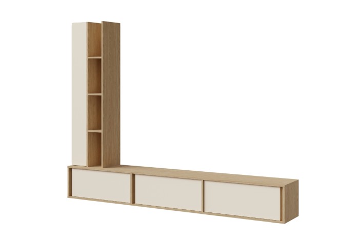 Wohnwand-Element Eiche und Beige, TV-Unterschrank mit drei Fächern.