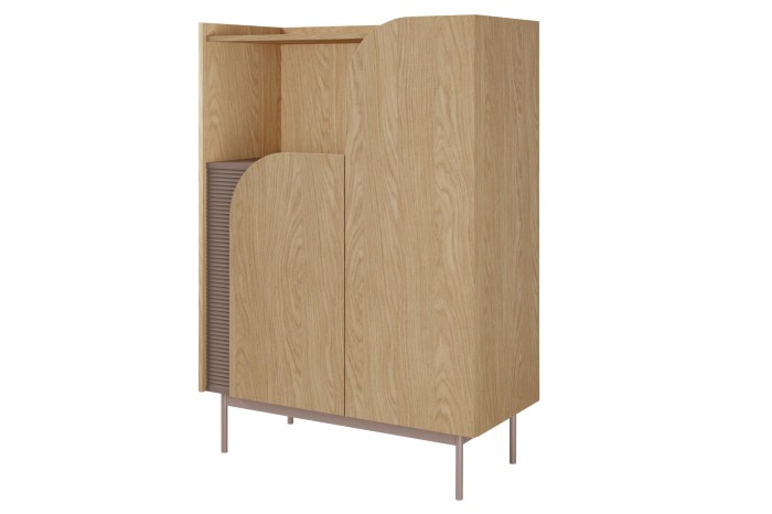 Moderner Schrank in heller Eichenoptik mit abgerundeten Fronten und eleganten Metallbeinen.