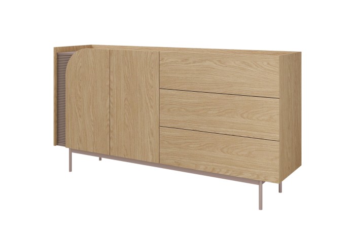 Sideboard Carlo in Eiche-Optik mit drei Schubladen und Lamellen-Element.