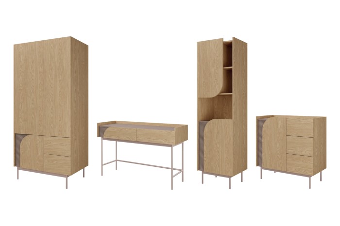 Set aus modernen Holzmöbeln: Kleiderschrank, Schreibtisch, hohes Regal und Sideboard in Eichenoptik.