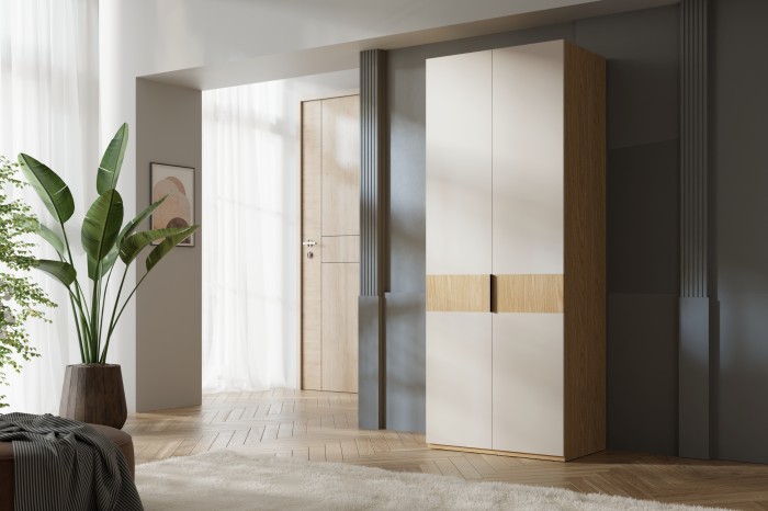 Beiger SUN Schrank in modernem Wohnambiente mit Fischgrätparkett.