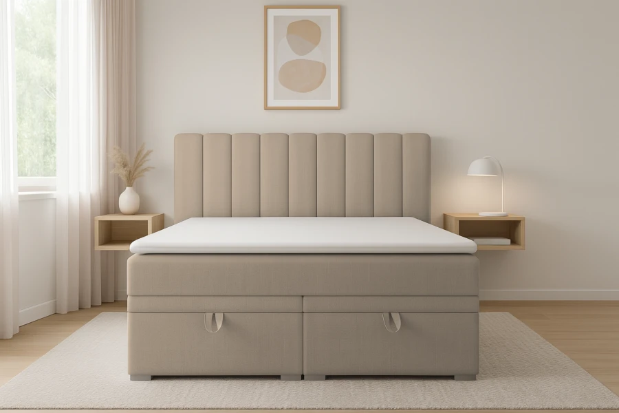 Front view of a beige box spring bed with two practical drawers in a modern bedroom.