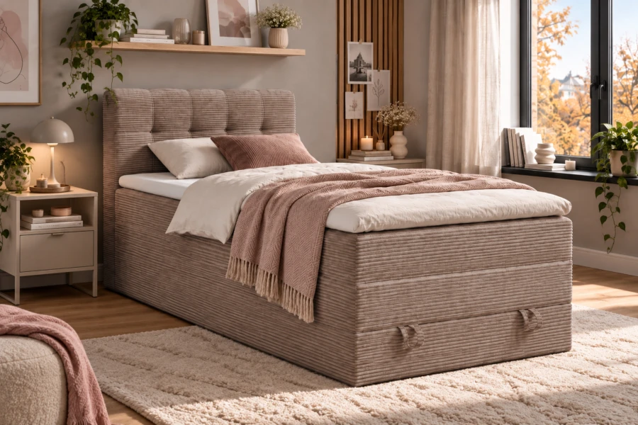 Gemütliches Boxspringbett in Taupe mit Cord-Optik und dekorativer rosa Decke.