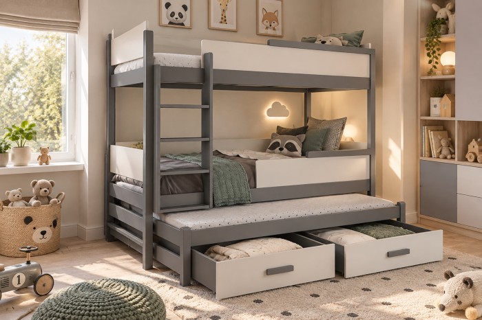 Grau-weißes Etagenbett mit Ausziehbett und Schubladen im Kinderzimmer.