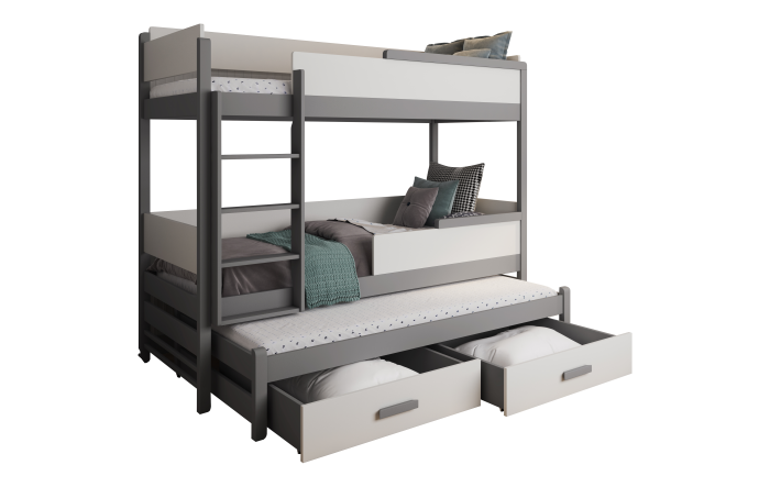 Etagenbett mit drittem Bett und Stauraumschubladen auf weißem Hintergrund.