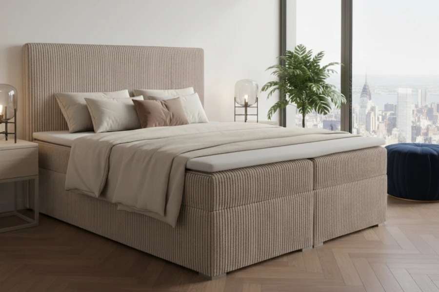 Beiges Boxspringbett aus Cord-Stoff mit gemütlichen Kissen im modernen Design.