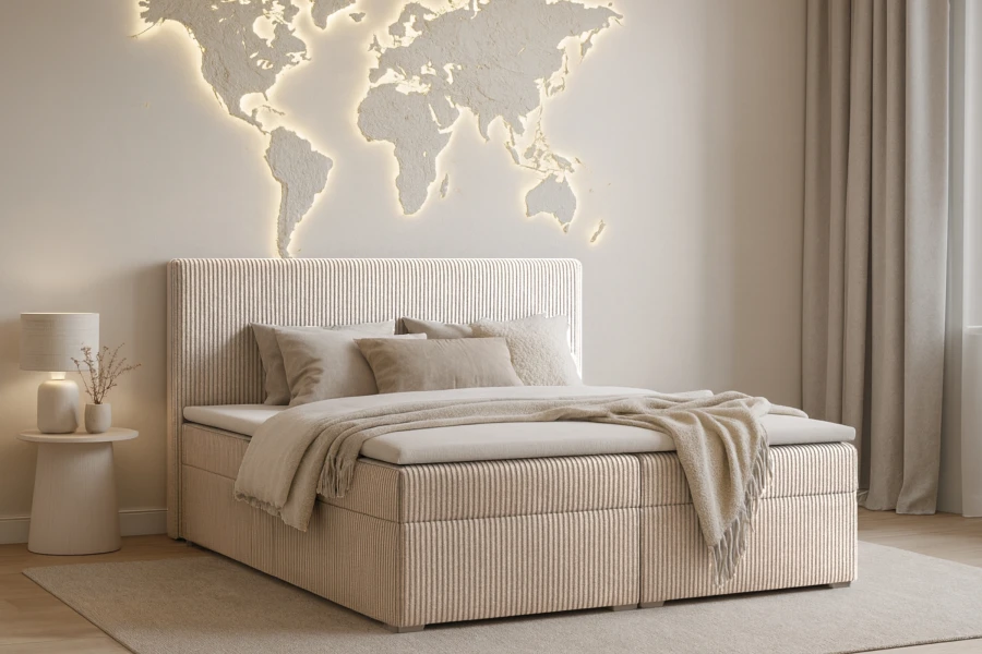 Cosy bedroom with beige corduroy boxspring bed in front of an illuminated world map.