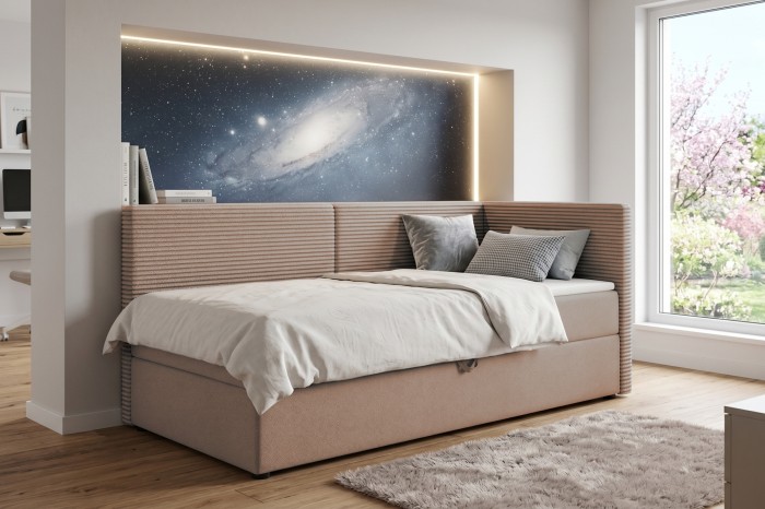 Upholstered bed in beige with corduroy look in front of a galaxy wall design