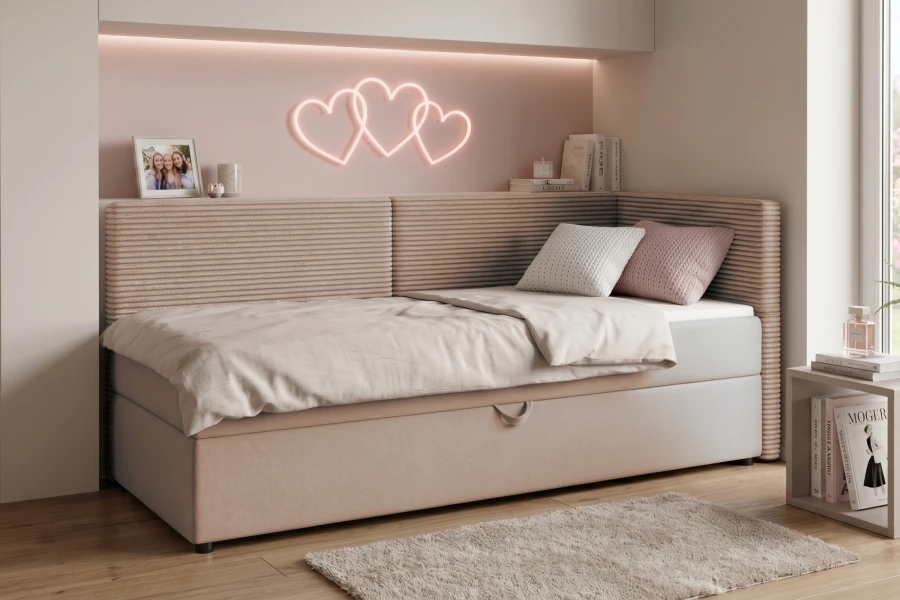 Cosy beige children's bed with corduroy cover and heart neon light on the wall