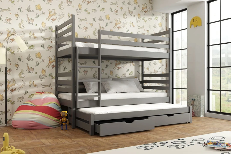 Graues Etagenbett für Kinder mit integriertem Ausziehbett und Schubladen im Kinderzimmer.