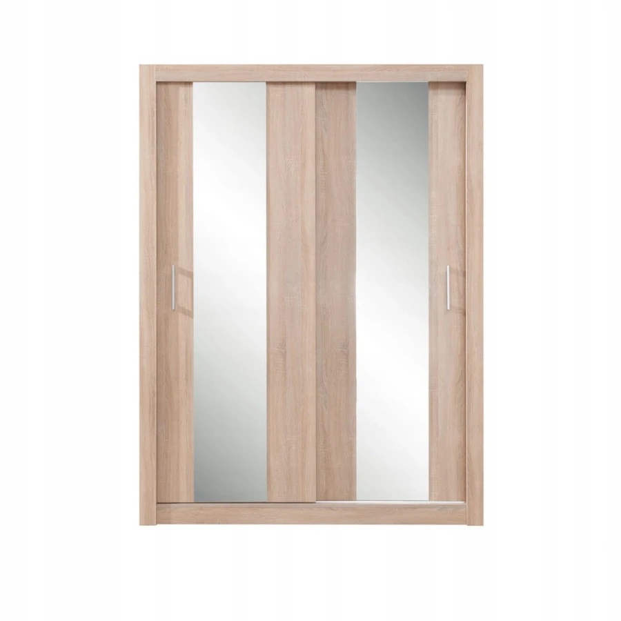 Moderner Schwebetürenschrank in Eiche-Optik mit zwei Spiegeltüren.