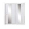 Elegant white sliding door wardrobe with vertical mirror strips and handles.