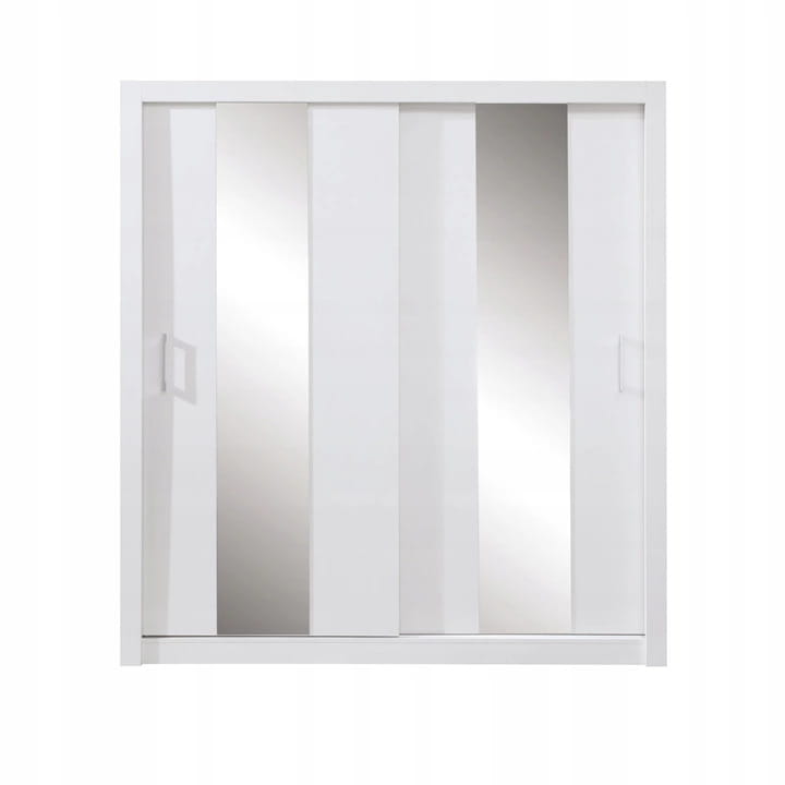 Elegant white sliding door wardrobe with vertical mirror strips and handles.