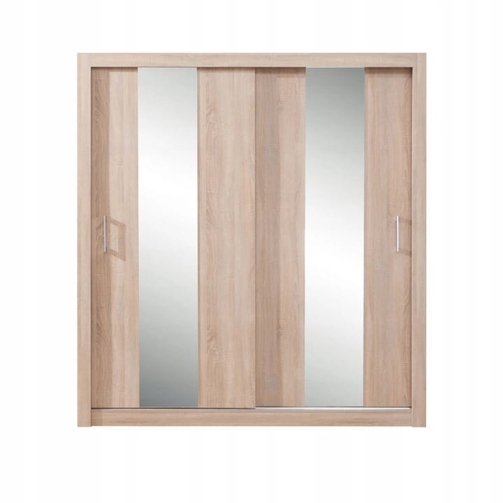 Zweitüriger Schwebetürenschrank in Eichen-Dekor mit zwei Spiegelstreifen.