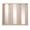 Three-door wardrobe in wood look with three vertical mirror strips.