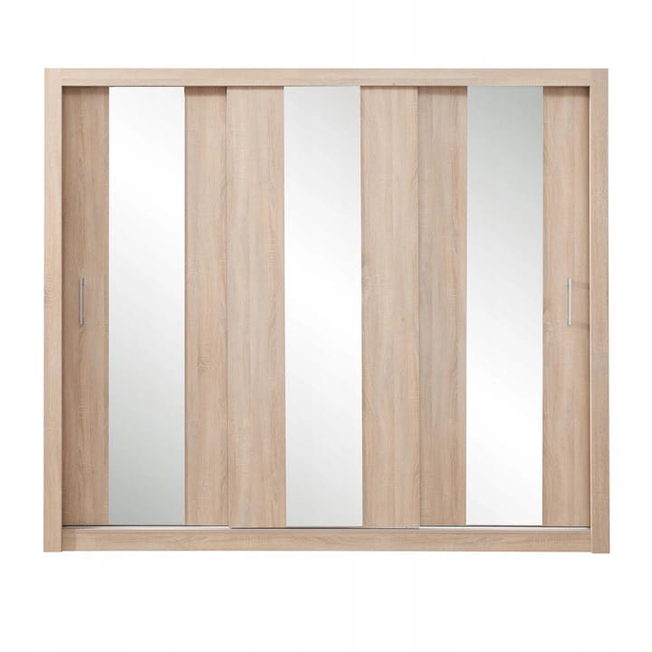 Dreitüriger Kleiderschrank in Holzoptik mit drei vertikalen Spiegelstreifen.