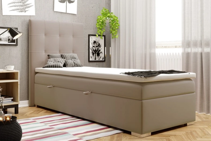 Beiges Polsterbett Einzelbett mit Stauraumfunktion und hohem Kopfteil