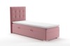 Rosa Boxspringbett für Einzelpersonen mit dekorativer Knopfheftung am Kopfteil.